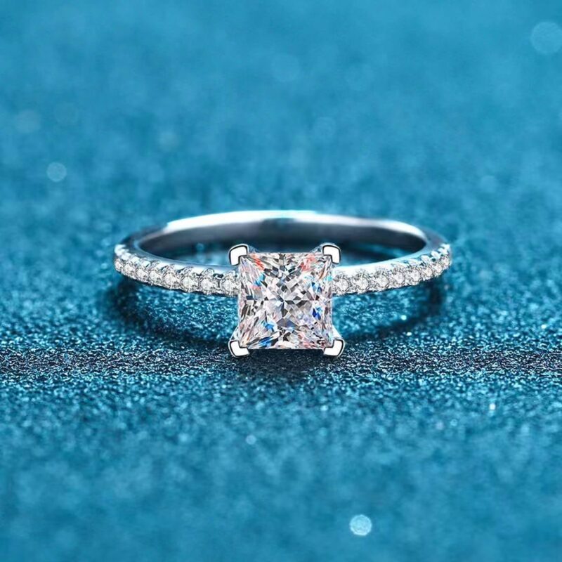 14K Gold Moissanite Square Stone Accent Band Ring, 1CT