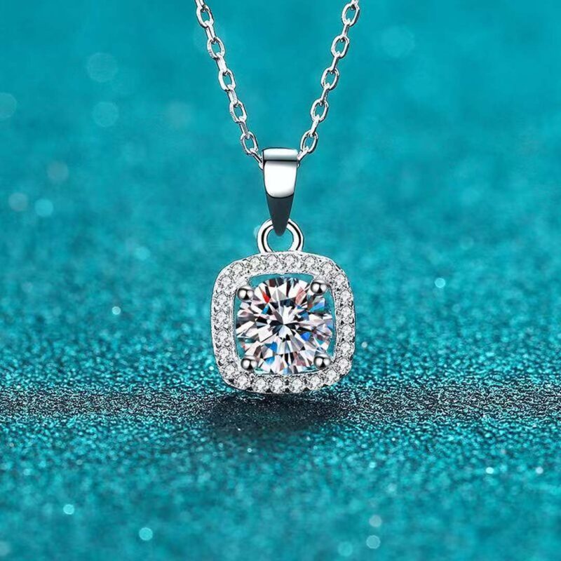 18K Gold Lab Grown Diamond Square Halo Necklace